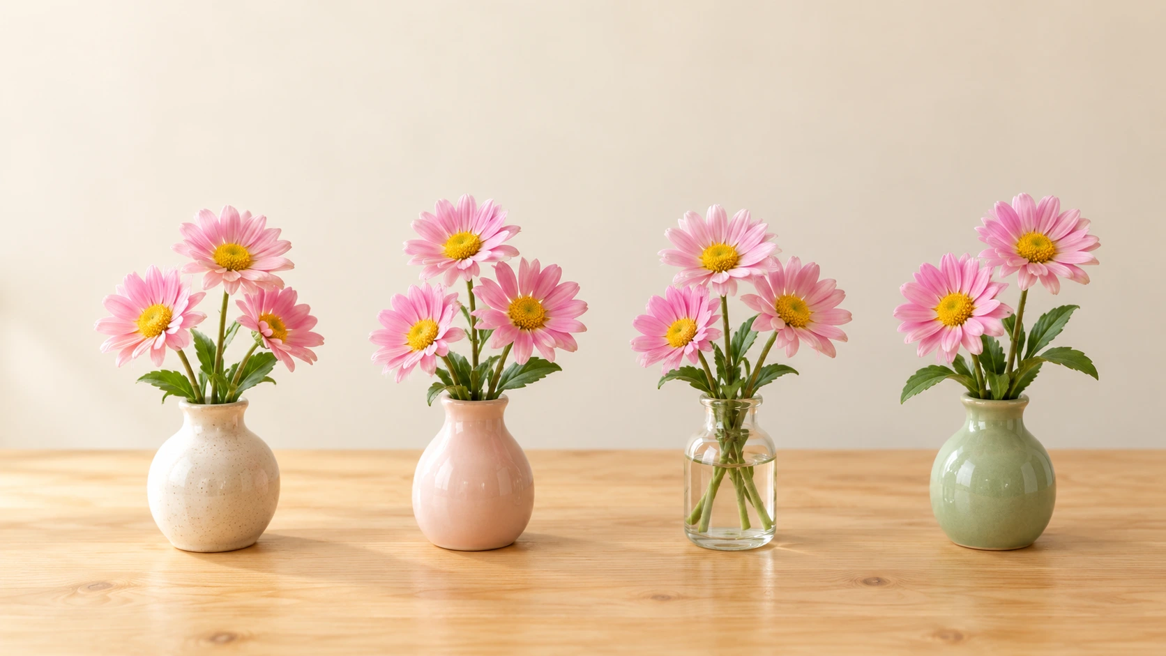 Quatre bouquets, trois fleurs chacun